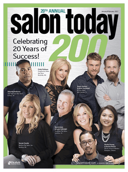 Group of nine people on the cover of Salon Today celebrating 20 years of success.