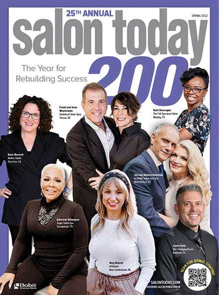 Salon Today magazine cover featuring nine professionals smiling for the 25th annual issue.
